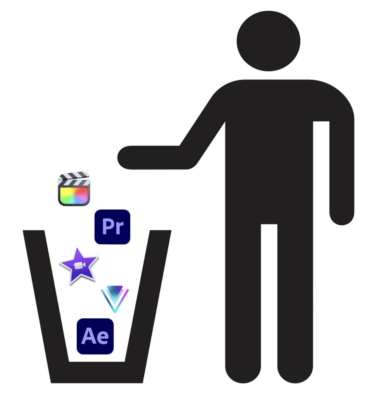 A person discards the logos of manual video editing tools.