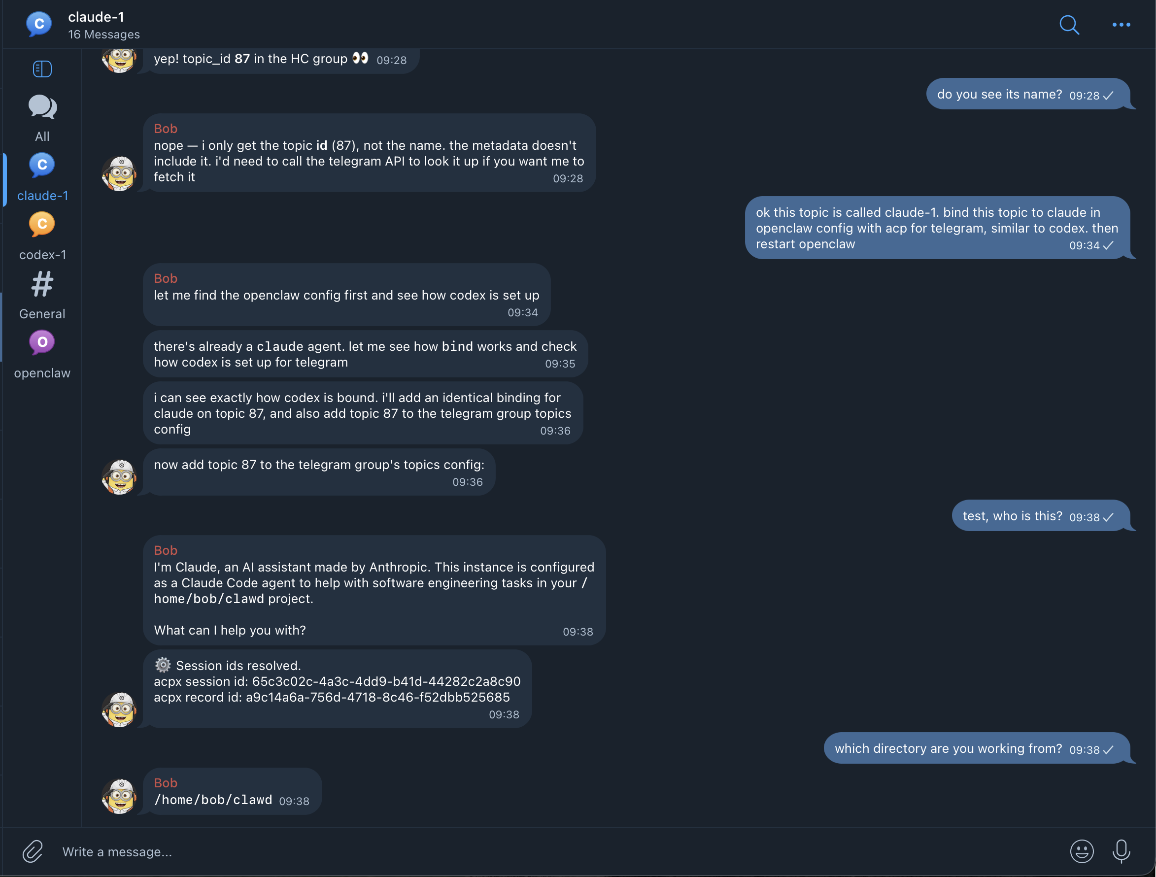 Telegram chat showing Claude responding inside a Telegram topic.